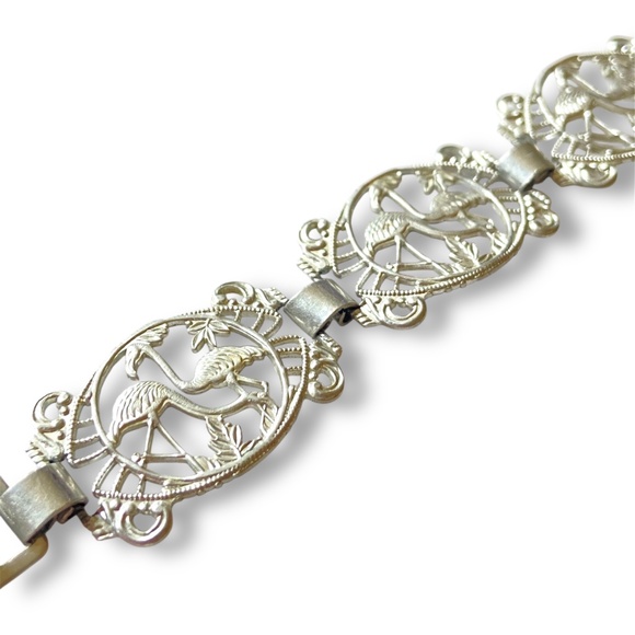 Vintage Flamingo Filigree Bracelet Silver Tone Germany Retro 40-50s MCM Tropical - Picture 1 of 7